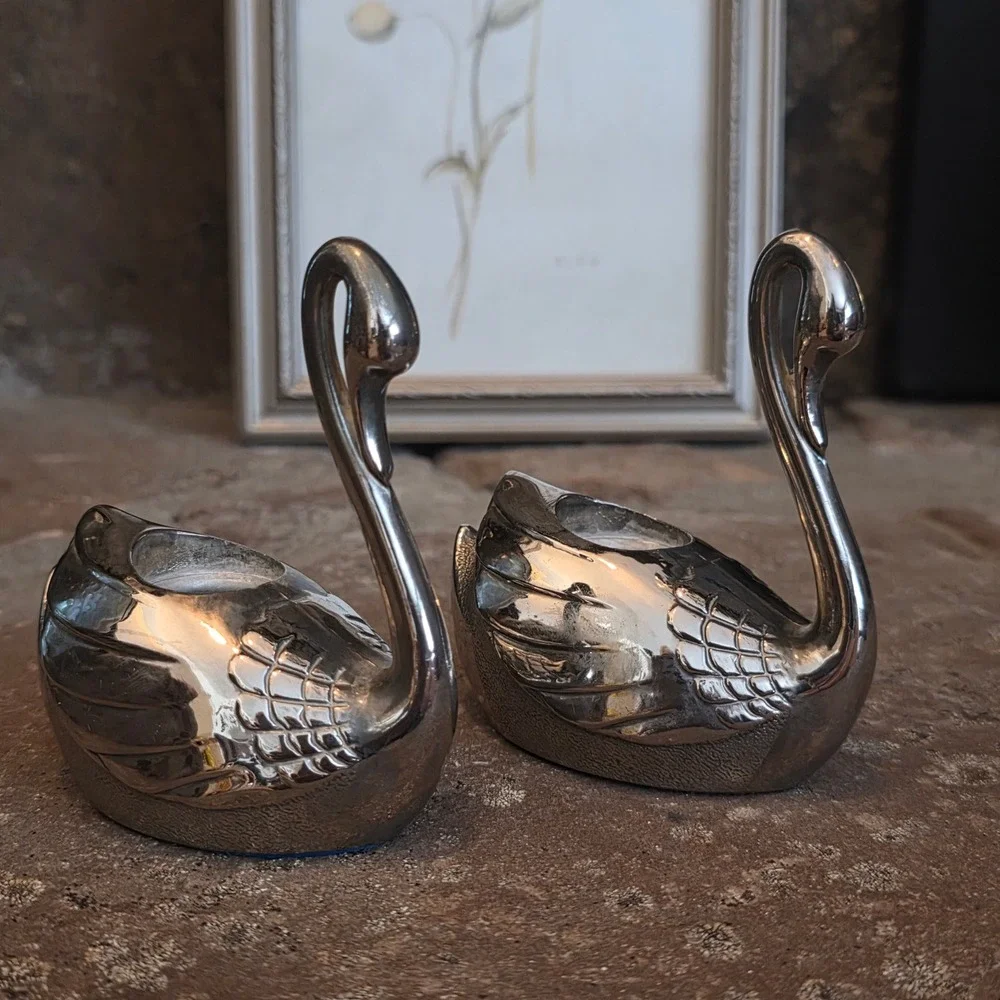 International Silver Co Silver Plated Swan Candle  Pair Vtg Cottagecore Wedding